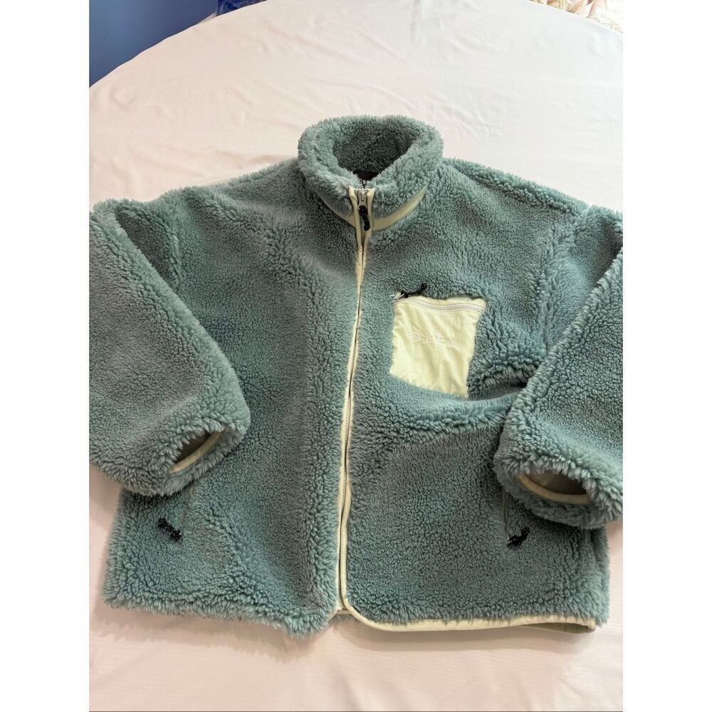 Obey Mesa Sherpa Jacket Womens Medium Mineral Blue Full Zip Deep Pile Cozy